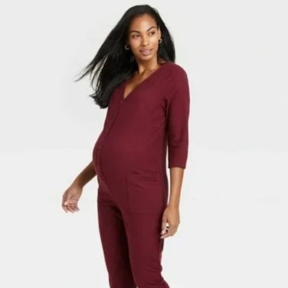 The Nines by HATCH 3/4 Sleeve Button-Front Maternity Jumpsuit Wine Red Sz Small - Picture 1 of 12